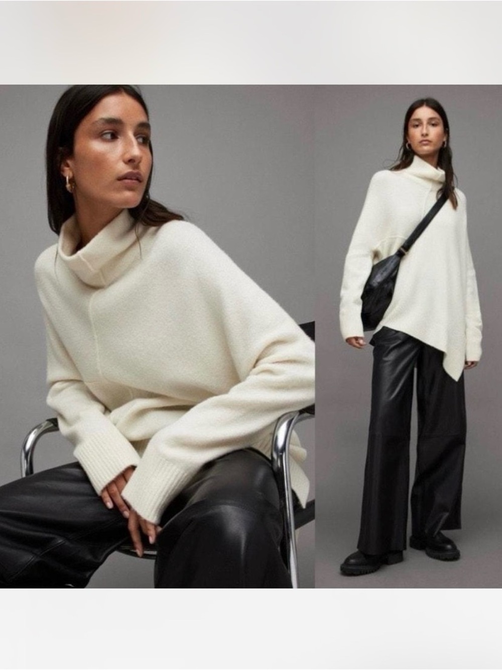 AllSaints Lock Roll Neck Fuzzy Cream Asymmetrical Cowl Sweater Alpaca Blend